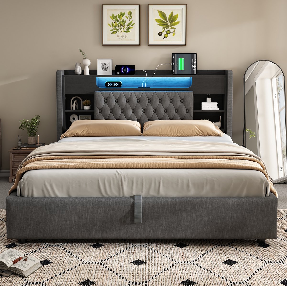 COVREO Polsterbett 140x200cm met hydraulische bedlade & LED-belichting, bedframe met USB/Type-C oplaadfunctie, hoofdbord met plank & opbergruimte, linnen stof, grijs (zonder matras)