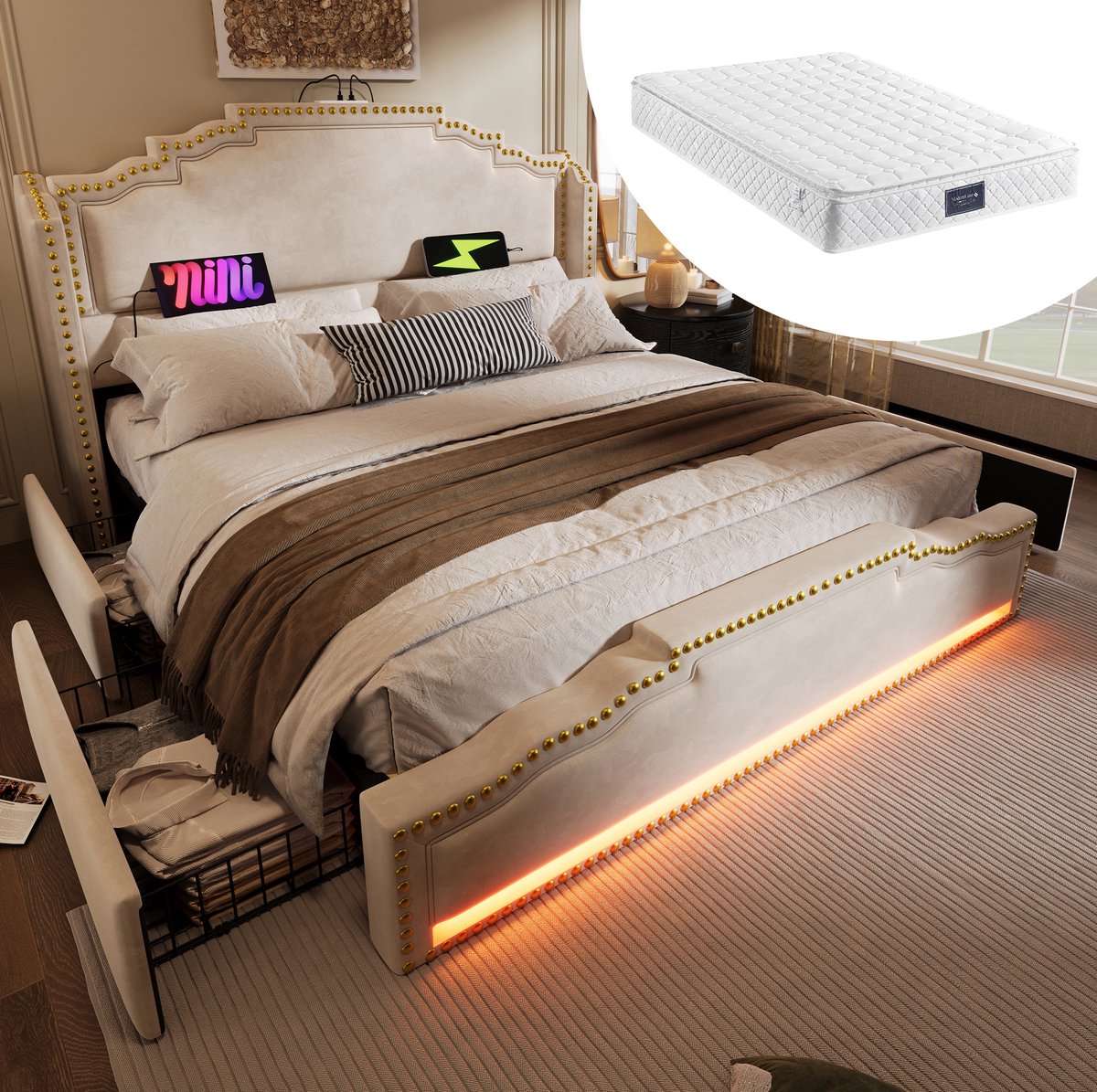 COVREO Bedframe 140x200 cm beige, stof en metaal, met LED, met matras