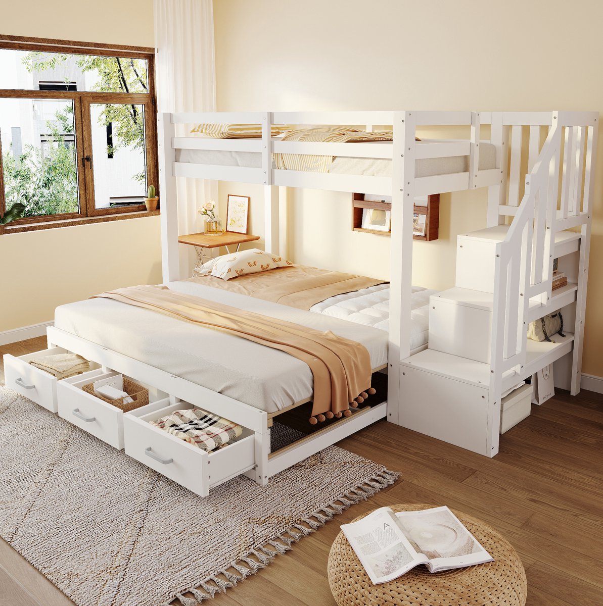 COVREO Stapelbed van 90 x 200 cm, uitschuifbaar bed van 90/180 x 190 cm met opbergladder en meerdere lades, uitschuifbaar, tienerbed, lattenbodem, houten bed, wit. White