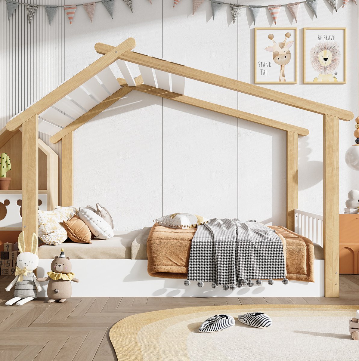 COVREO Houten bed, kinderbed, eenpersoonsbed, prachtig blokhutdesign, stevig en duurzaam lattenbodem, eenvoudig ontwerp, grenenhout + spaanplaat + MDF, wit + naturel houtkleur, 90x190 cm White+Natural