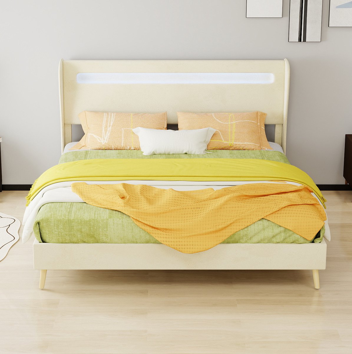 COVREO Bed met LED – 160x200x133 cm – Tweepersoonsbed met verstelbare rugleuning – Laag model voor kamer – Beige - zonder matras