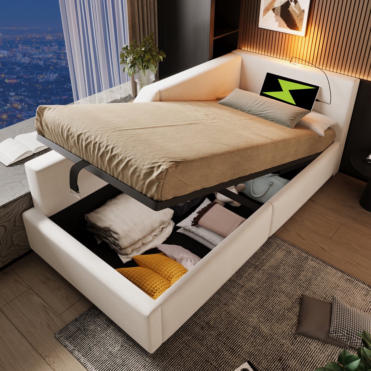 COVREO Bedbank 90x190 cm beige stof met opbergruimte zonder matras