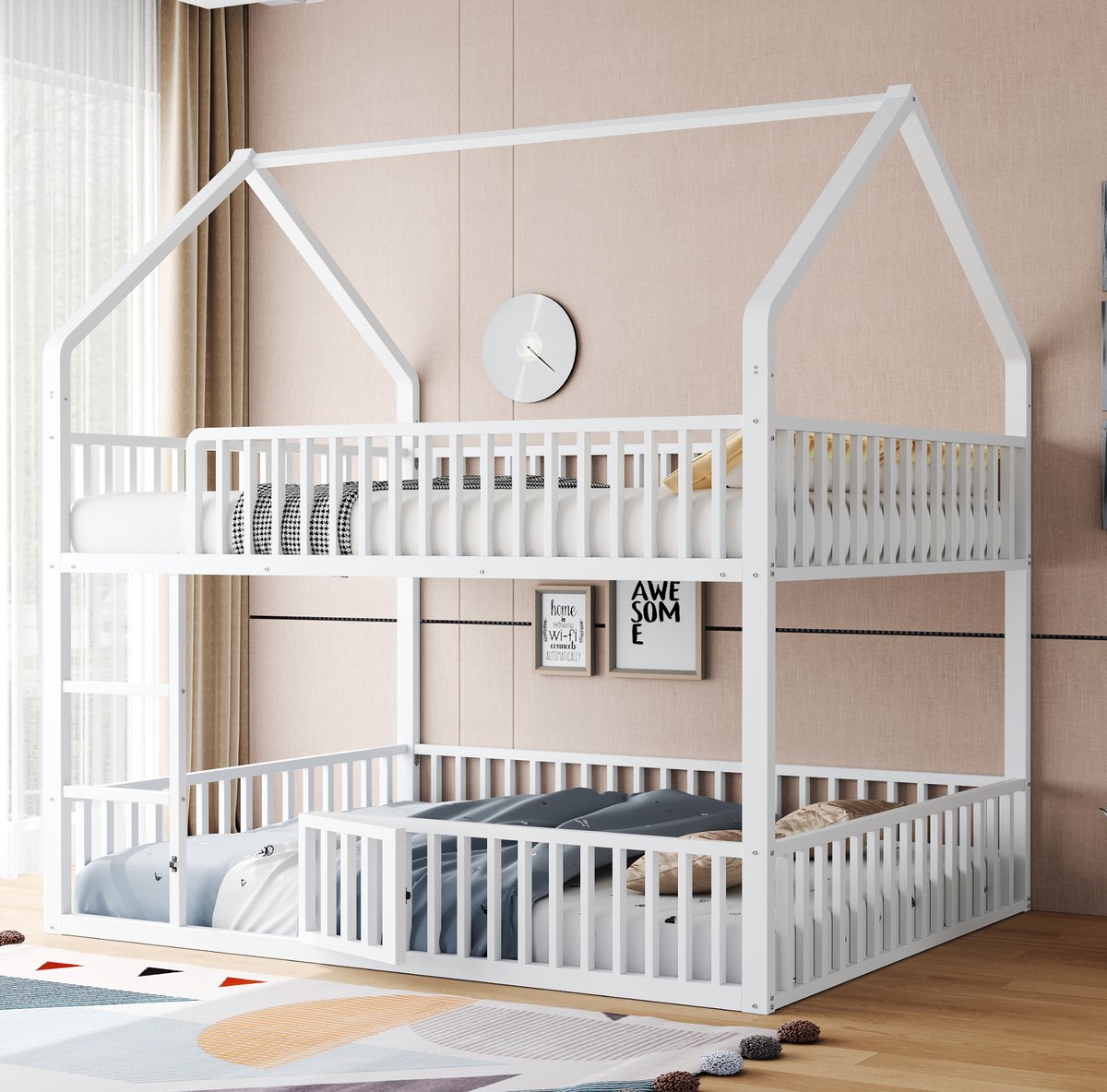 COVREO Stapelbed met huisvorm en trap – 140x200 cm – Metalen bed voor kinderen en gezin – Voor slaapkamer en speelruimte – Wit - zonder matras