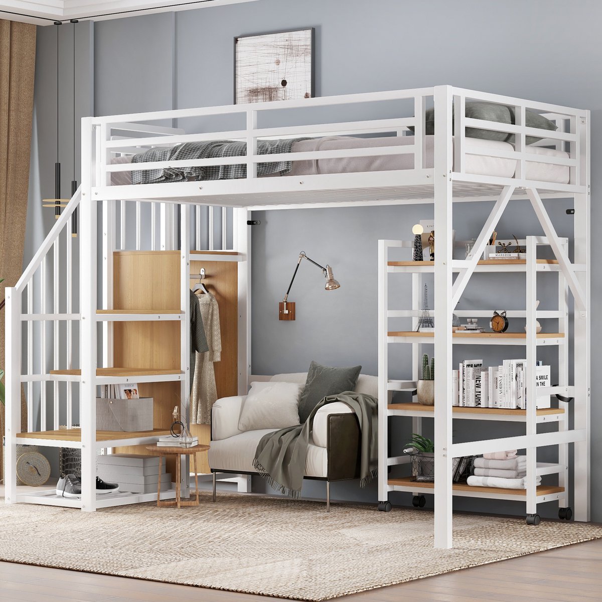 COVREO Smeedijzeren bed, hoogslaper, vierdelige wandkast op wielen, veiligheidshekje, trapeziumvormige hoekkledingkast met kledingstang, smeedijzer + MDF, wit + naturel houtkleur, 90x200 cm White+Natural
