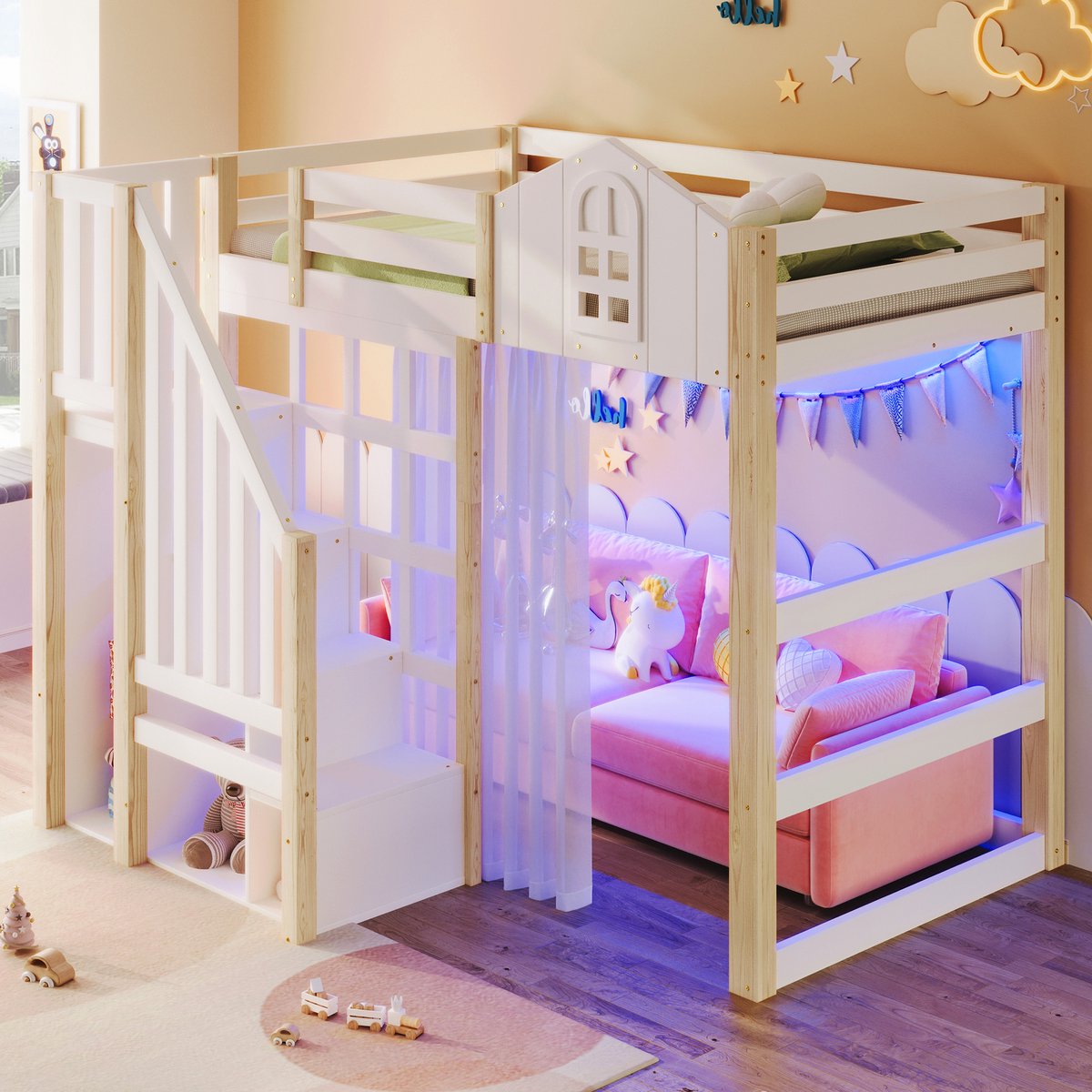 COVREO Hoogslaper met LED – 90x200 cm – Kinderbed met opbergladder – met venster en gaas – Wit/Naturel - zonder matras