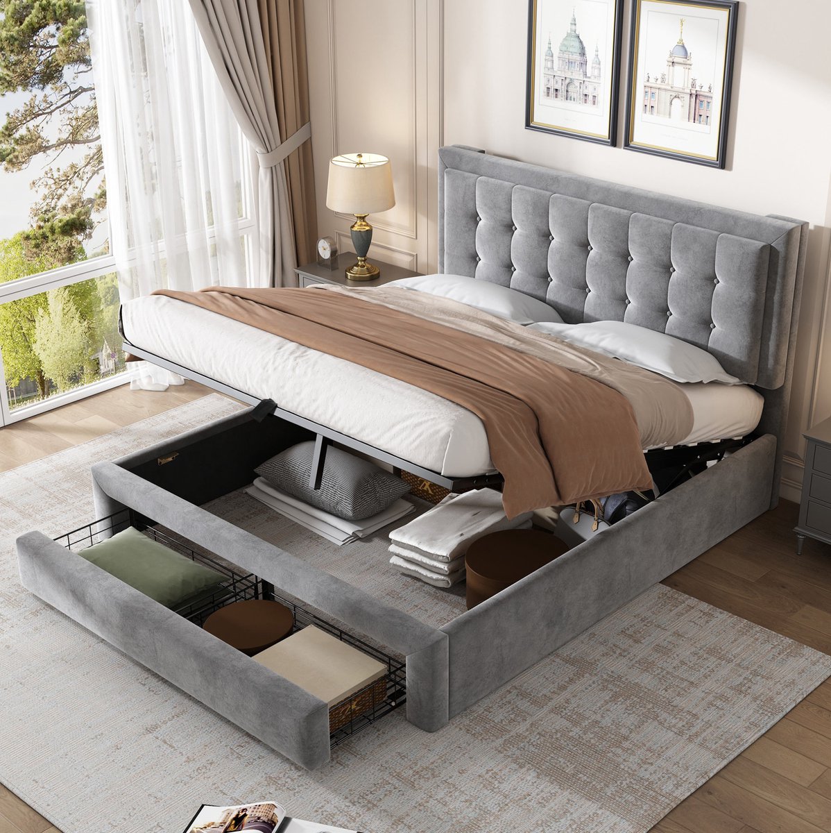 Gestoffeerd bed van 140 x 190 cm, met lattenbodem en hoofdbord, opbergruimte, hydraulische lift, tweepersoonsbed, 2 lades, houten lattenbodem, fluwelen bekleding, grijs.