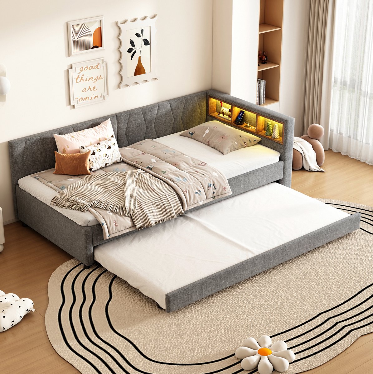 Dagbed, 90x200 cm, slaapbank, met opbergvakken aan de zijkant, USB- en Type-C-aansluiting, led-lichtstrip, uitschuifbaar bedframe, lattenbodem (matras niet inbegrepen), linnen, grijs.