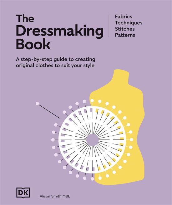 De kaft van 'The Dressmaking Book' met een gele paspop en een speldenkussen vol spelden.