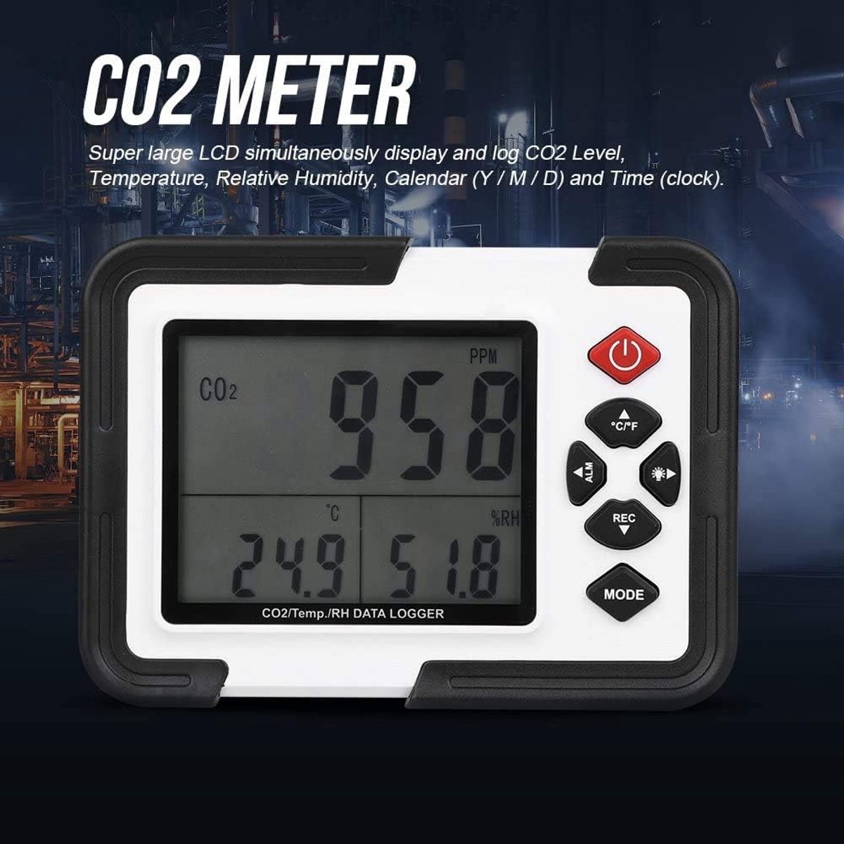 CO2 Meter Tester - Luchtkwaliteit Monitor - Binnenklimaat Meten - NDIR Sensor - 12700 Data Logs - Wit