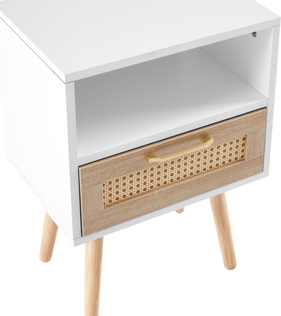REDOM Nachtkastje met lade - Rattan front en massief houten poten - Met metalen handgreep en ladegeleiders - Moderne stijl - Slaapkamer en woonkamer - MDF - Wit + Naturel