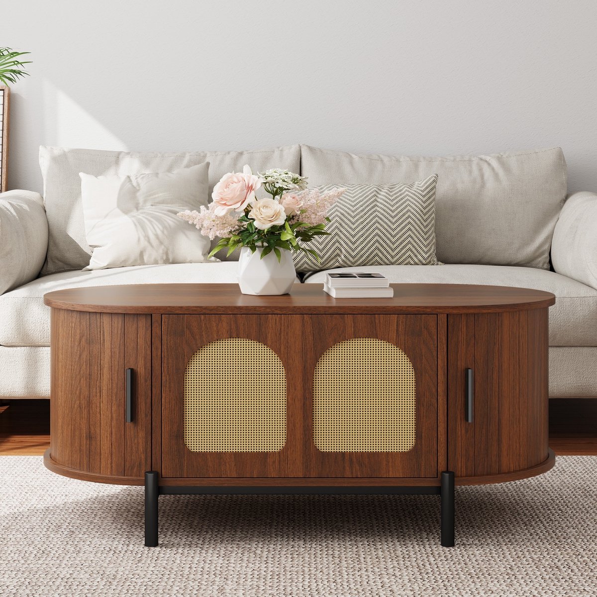 MODENUIT Salontafel - Ovale Tafel Met Schuifdeuren En Opbergruimte - Voor Woonkamer - MDF In Nussbaum - 100x50x40 Cm Notenbruin