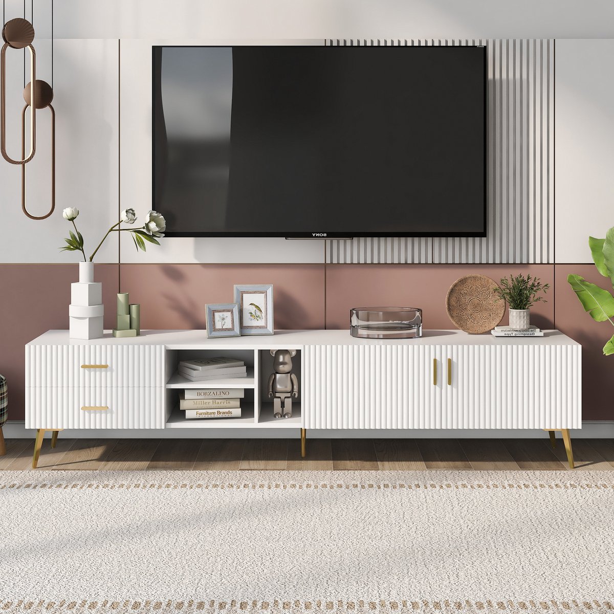 DESMIU Televisiekast - Modern Licht Luxe Design Met Gegraveerde Deuren En Gouden Poten - Woonkamer, Slaapkamer En Hal - MDF - Wit - 180 X 35 X 41 Cm