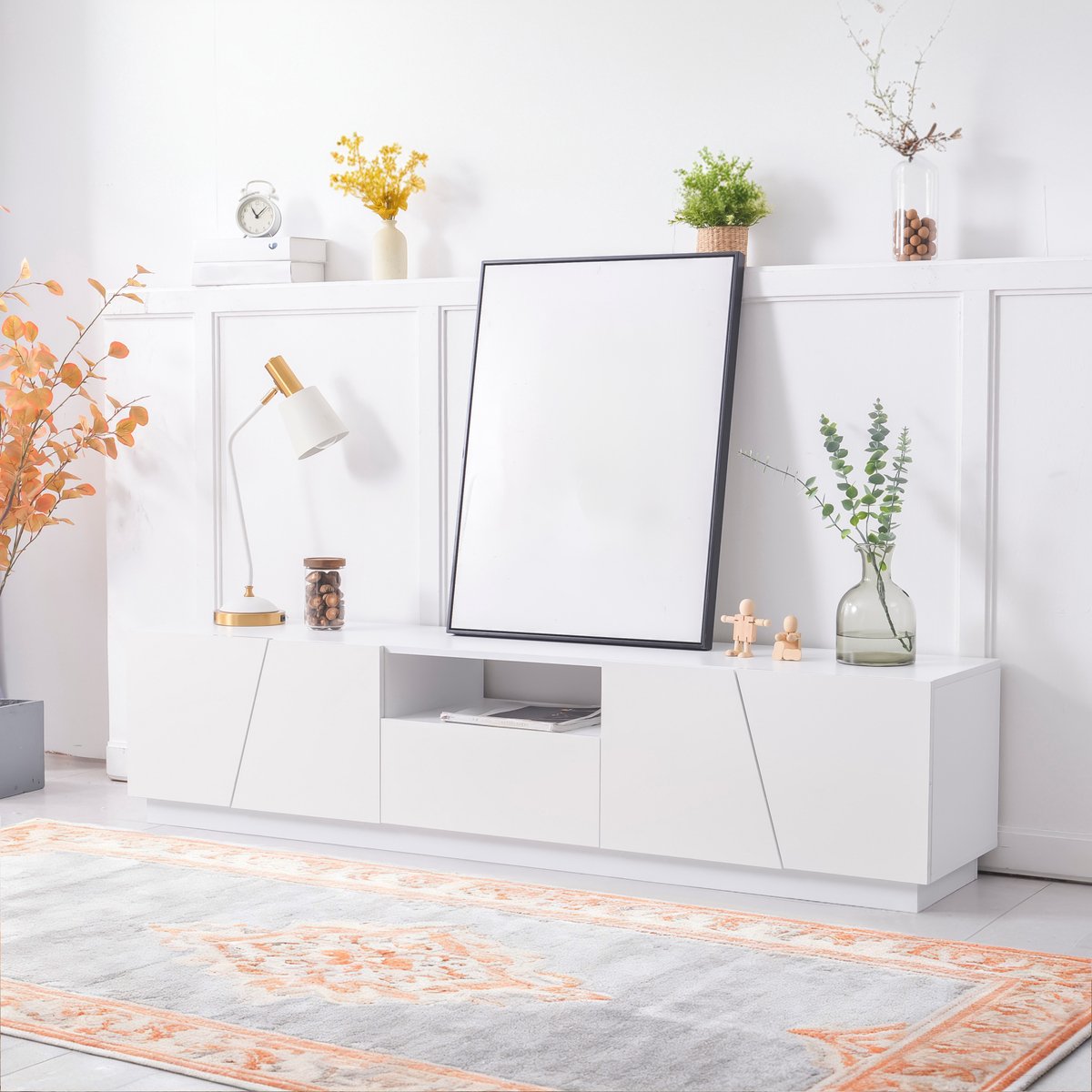 DESMIU Tv Meubel - Moderne Opbergkast Met Vier Deuren En Open Vakken - Voor Woonkamer En Mediahoek - MDF - 170 x 37 x 42 Cm - Wit