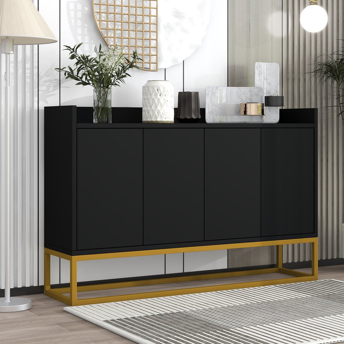 DESMIU Dressoir - Minimalistisch Design Met Vier Deuren En Druksysteem - Voor Keuken Woonkamer En Hal - Spaanplaat En MDF - 120x30x80 Cm - Zwart