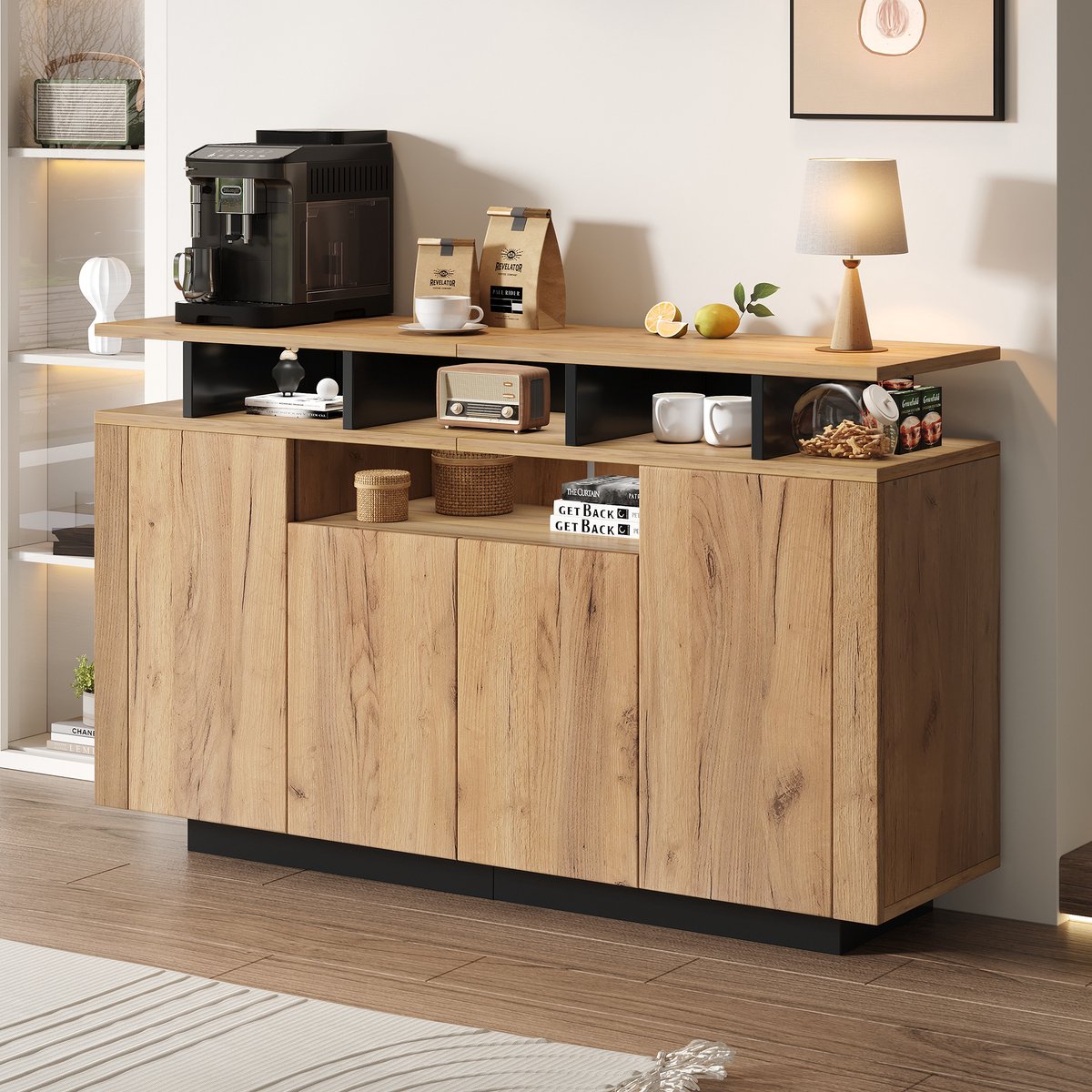 DESMIU Dressoir - Modern Met 4 Deuren En 3 Open Vakken - Voor Woonkamer, Hal Of Kantoor - Spaanplaat - Natuurlijk - 140 X 40 X 85 Cm