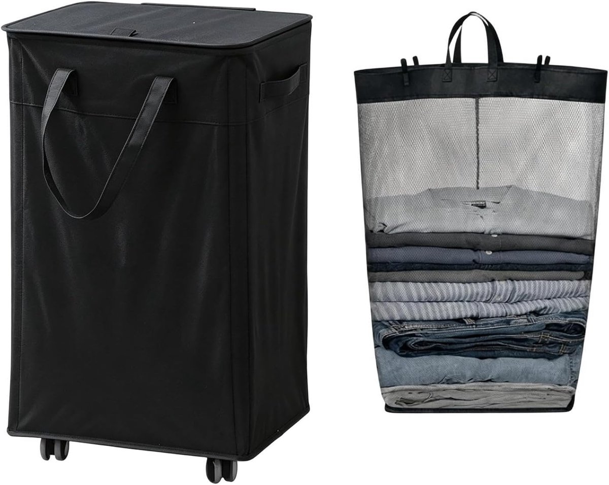 Wasmand met Wielen Opbergcontainer Ruimte Organiseren Uitneembare Waszak 75L Capaciteit Zwart