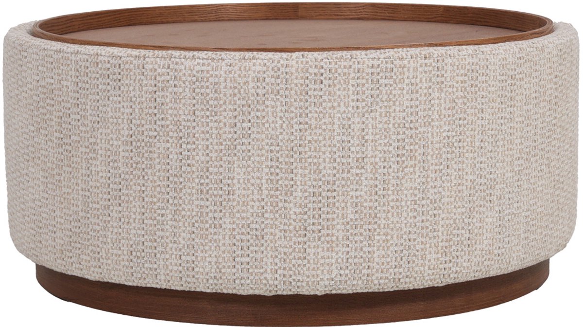 DÉJA Living Salontafel Marcia Beige/Walnoot – Rond – Met Opbergruimte – Chenille en Essenfineer – 83x83x40 cm
