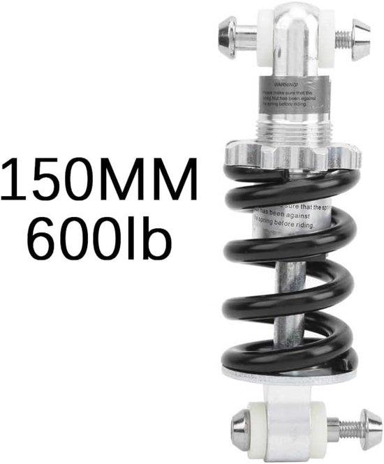 Zilverkleurige fiets schokdemper met zwarte veer, met maataanduiding 150MM 600lb.