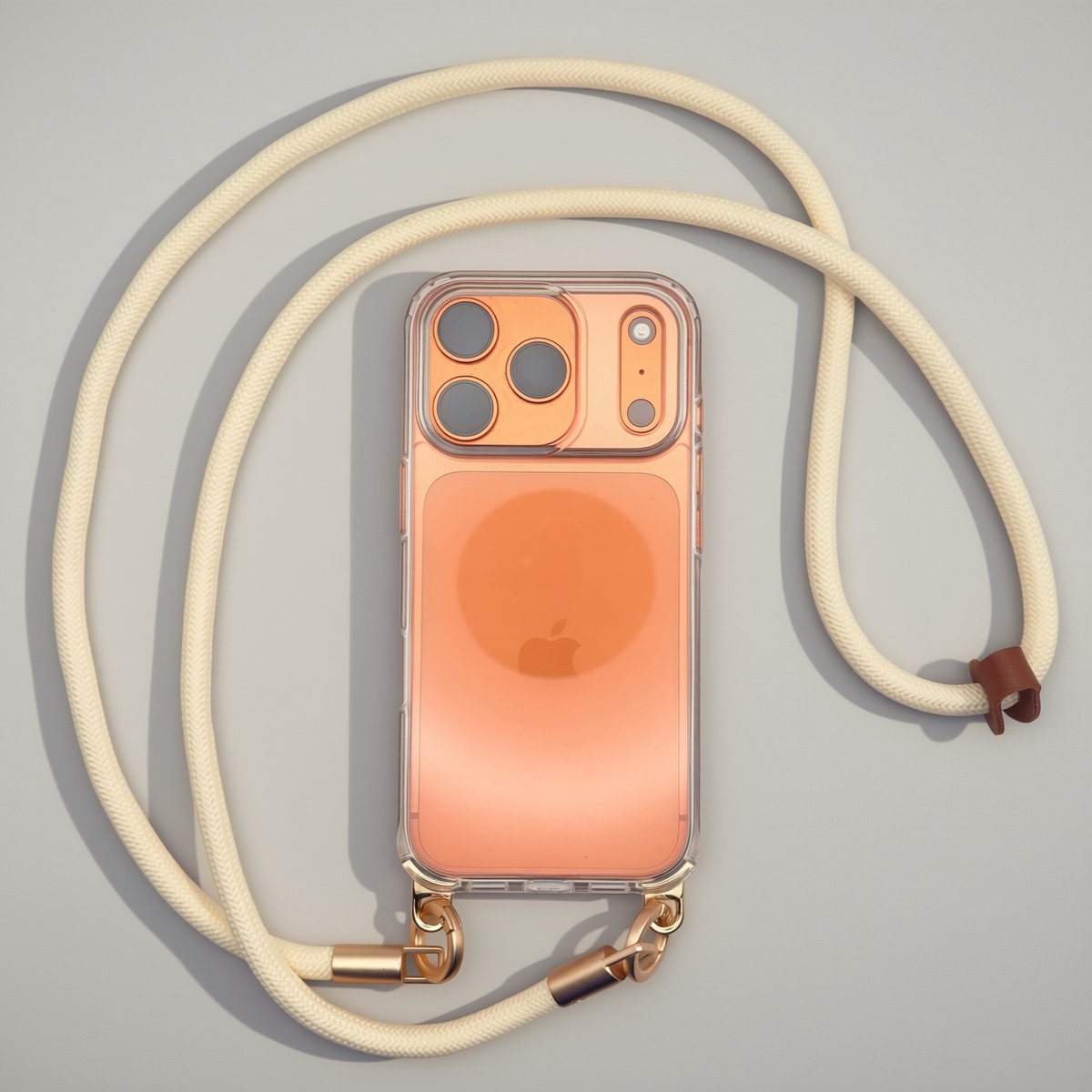 iPhone 17 Pro Hoesje met Luxe Telefoonkoord – Transparante Case met Crossbody Lanyard – Fashion Telefoonkoord Dames – Dubbele Gouden Bevestiging – Inclusief Adapter – Crème Wit