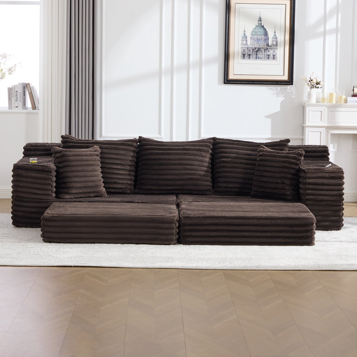 DESMIU Slaapbank 273 x 98 x 87 cm - Vrij Combineerbaar Met Zijvakken En Bekerhouders - Voor Woonkamer En Logeerkamer - Cordstof Koffiebruin