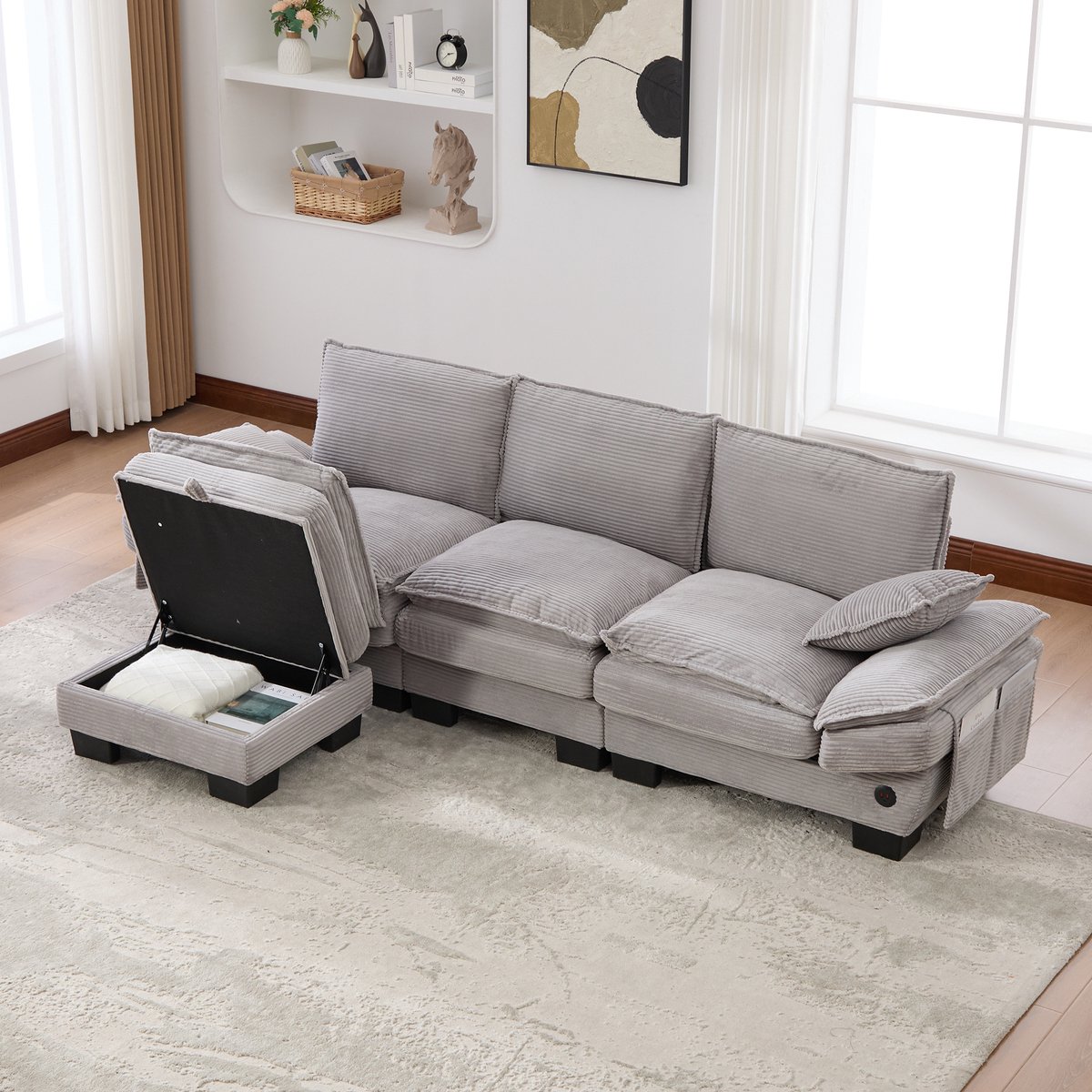 DESMIU Hoekbank 260 x 132 x 84 cm - Modulaire 3-Zits Met Hocker, USB-C En Zijvakken - Voor Woonkamer, Kantoor En Lounge - Corduroy - Lichtgrijs