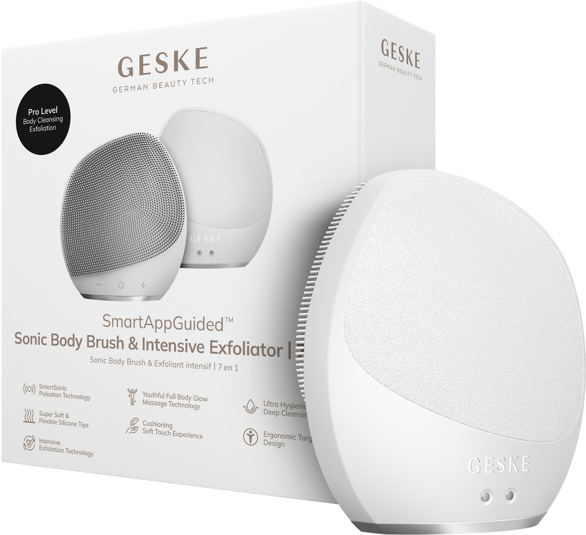 GESKE Sonic Body Brush & Intensive Exfoliator | 7 in 1 | Elektrische borstel voor het hele lichaam | Met SmartSonic-pulsaties | Diepe reiniging, exfoliatie en massage | Ruwe huidverwijderaar