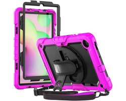 Hoes met ingebouwde Screenprotector Geschikt voor Samsung Galaxy Tab S6 Lite | Inclusief 360° Draaibare Handriem en Schouderriem | Extreme bescherming | Ideaal voor zakelijk gebruik | Roze