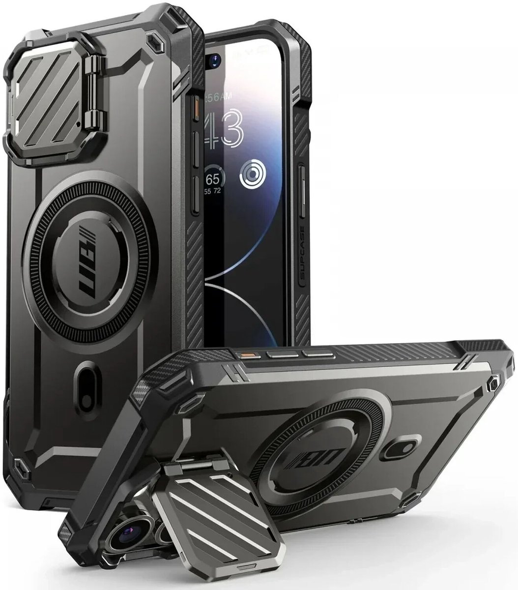 SUPCASE UB Pro MagXT Hoesje Geschikt voor Apple iPhone 15 Pro - Back Cover met Camera Protector Kickstand - Compatibel met MagSafe - Extra Camera Bescherming - Zwart