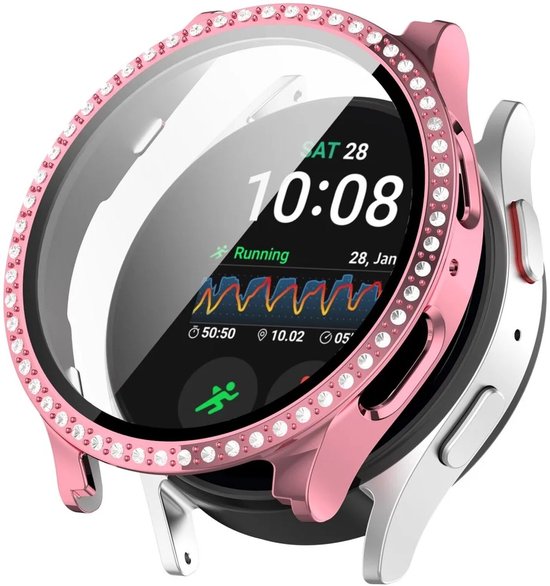 Hoesje Geschikt voor Samsung Galaxy Watch 7 40MM - Bumper Case met Ingebouwde Tempered Glass Screen Protector - Rhinestone Roze