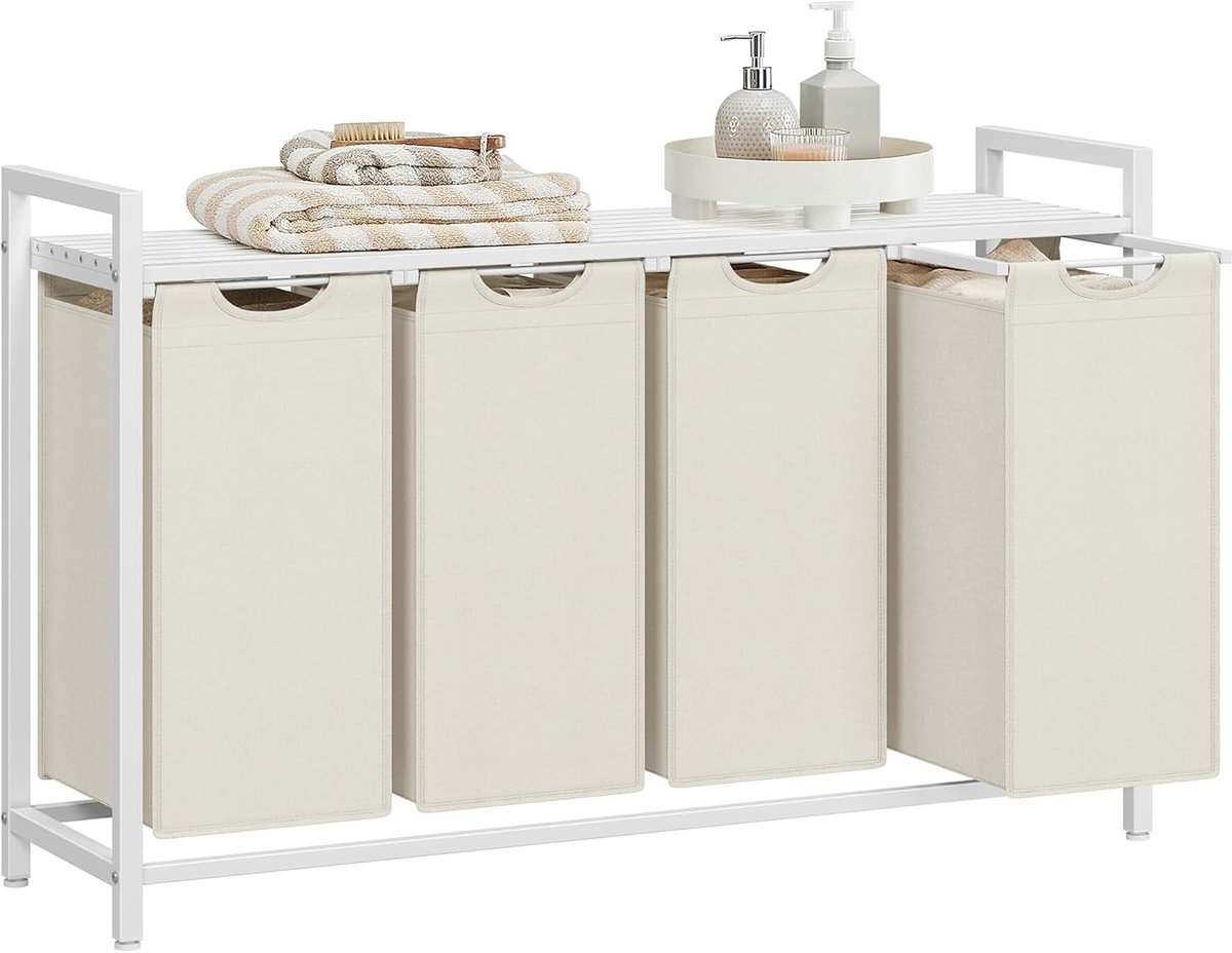 Conway Living® Wassorteerder - 4 vakken - 160L - Metaal - Wit -Wasmanden - Wassorteerder 4 vaken - 116 x 33 x 72 cm
