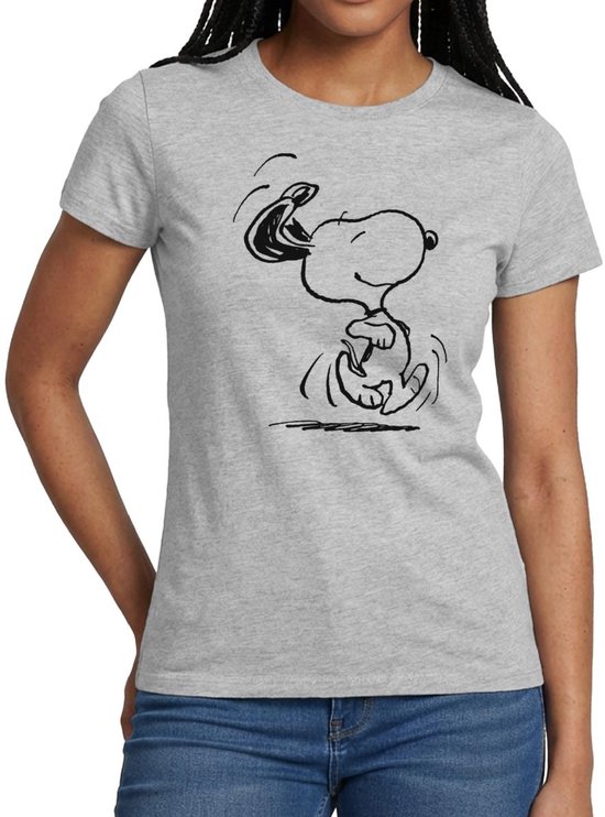 Grijs T-shirt met op de voorkant een zwart-witte tekening van de hond Snoopy die springt.