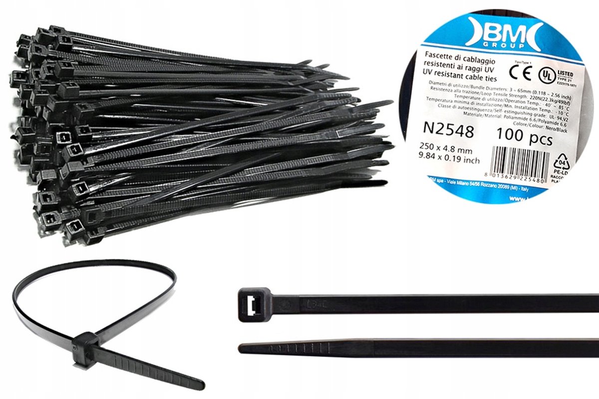 Zwarte Kabelbinders PA 6.6 - 250x4.8mm - UV-bestendig (100 stuks)