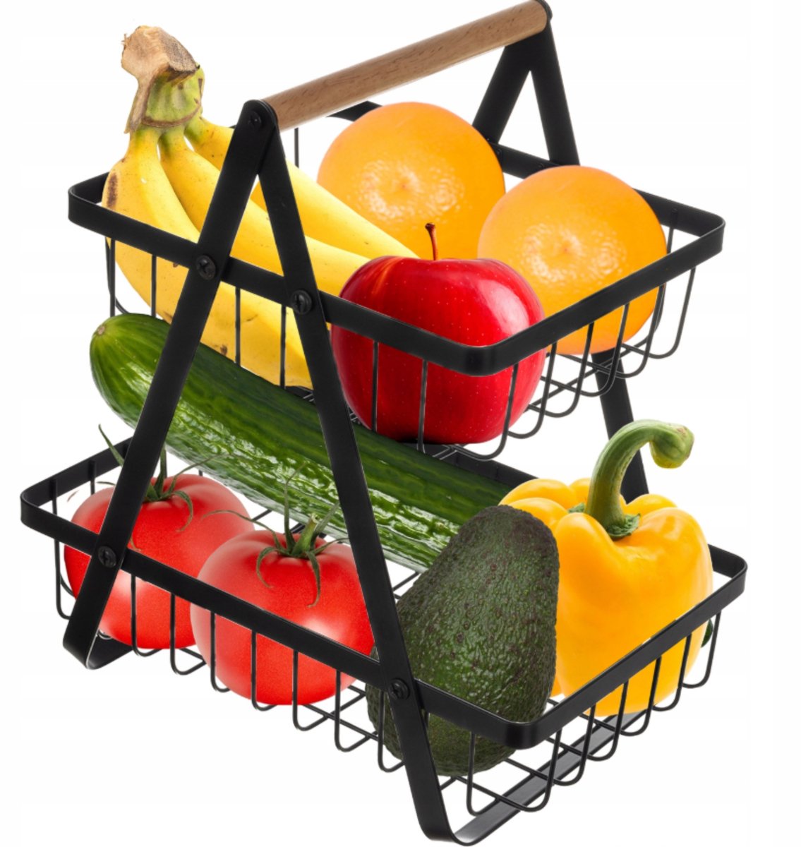 Tweelaags metalen fruit- en groentemand, zwart, industrieel ontwerp