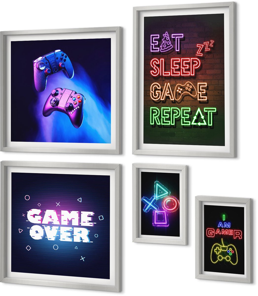 Coloray 5-Delige Schilderij Set - Gamepads Game Over-Inscriptiepictogrammen - 20 x 30 cm - Wanddecoratie - Muurdecoratie - Woonkamer - Interieur Decoratie