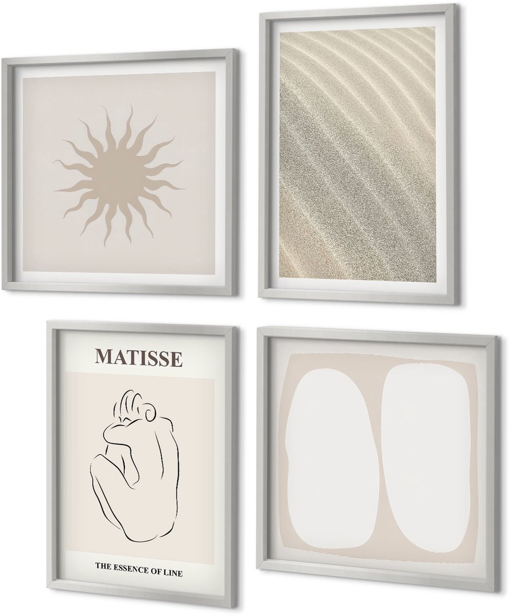 Coloray 4-Delige Schilderij Set - Minimalistische zandpatronen, golven en zon, Matisse - 40 x 40 cm en 40 x 60 cm - Wanddecoratie - Muurdecoratie - Woonkamer