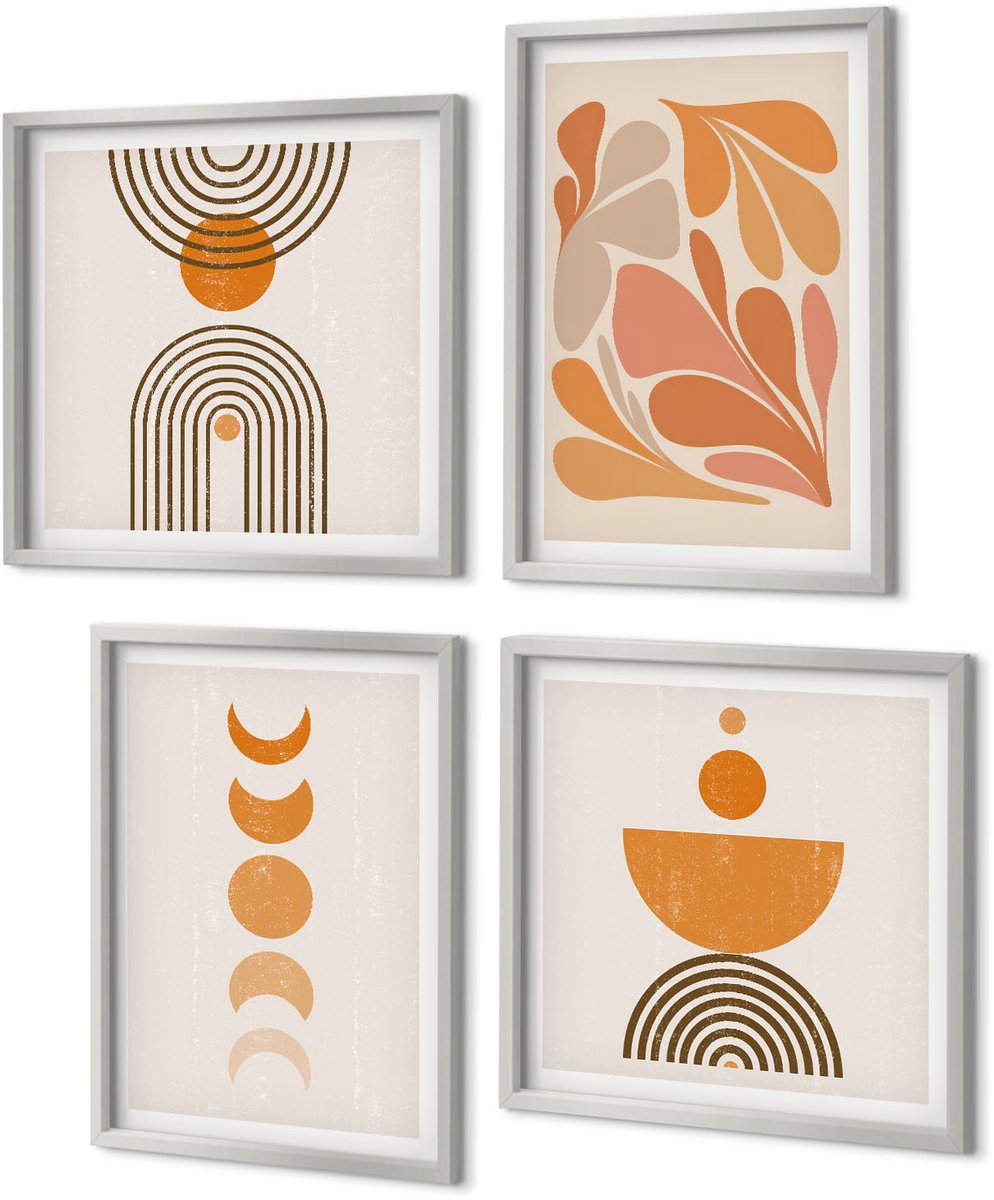 Coloray 4-Delige Schilderij Set - Abstracte vormen in oranje tinten - 40 x 40 cm en 40 x 60 cm - Muurdecoratie - Decoratieve Schilderijen - Wohnzimmer - Moderne Wanddecoratie