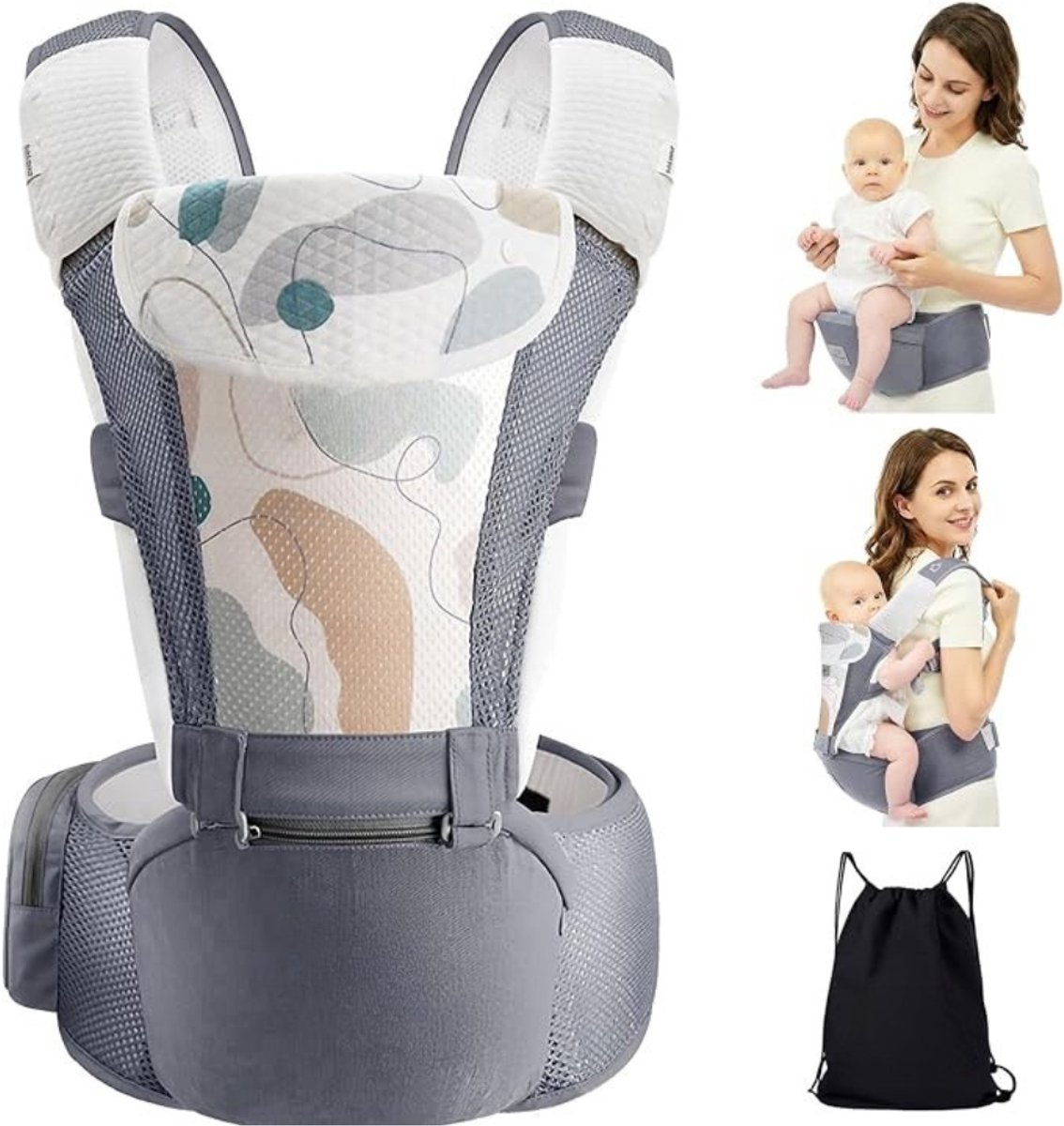 Verte Ergonomische Draagzak - Draagzak voor 0-36 Maanden – 3D Air Mesh-Draagzakrugzak voor Pasgeborenen Tot Peuters – Ergonomisch Heupzitje – 6-in-1 Draagzak voor op de Buik – Grijs