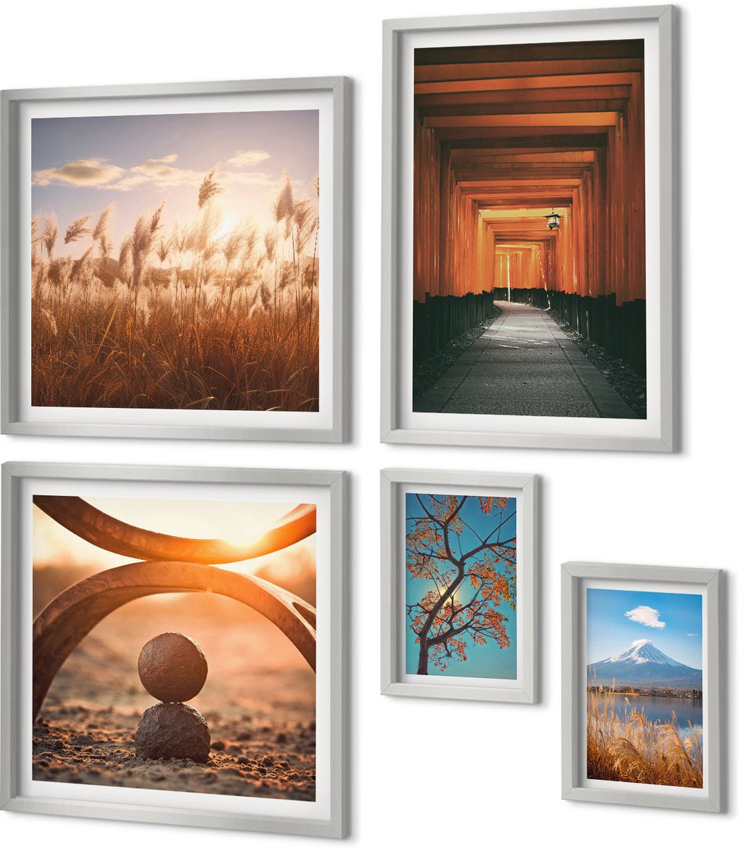 Coloray 5-Delige Schilderij Set - Zandstrand Met Schelpen En Zeegras - 20 x 30 cm - Wanddecoratie - Schilderijen Set - Interieur - Stijlvolle Muurdecoratie