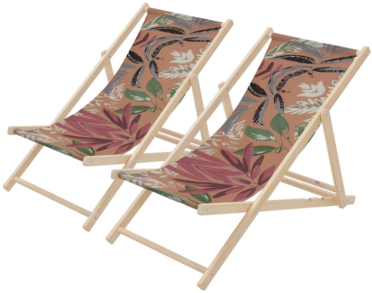 ECD Germany Set van 2 Opvouwbare Strandstoel van Hout met verstelbare rugleuning 3 standen Floral bruin rood groen - ShopVlot