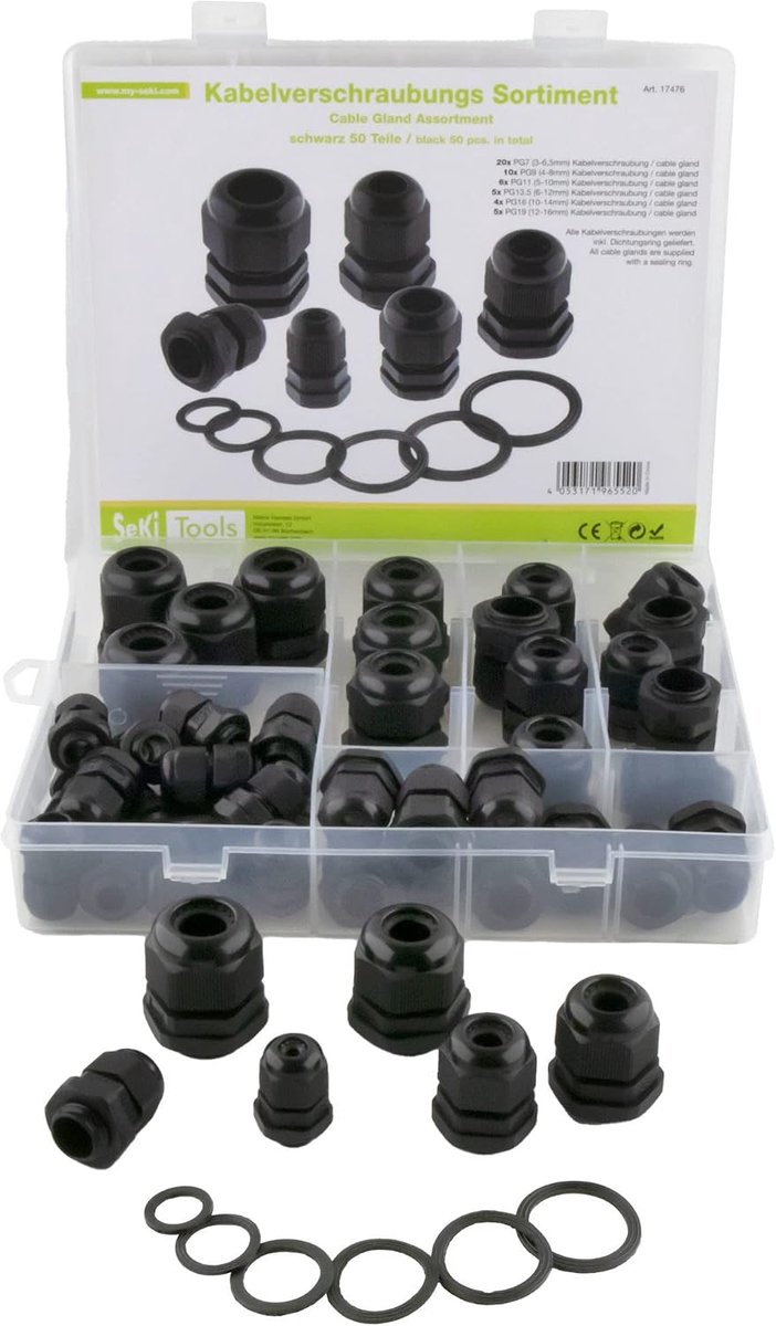 Kabelwartel assortiment 50-delig - zwart (RAL9005) - IP67 waterdicht - diverse maten voor optimale aansluiting - ShopVlot