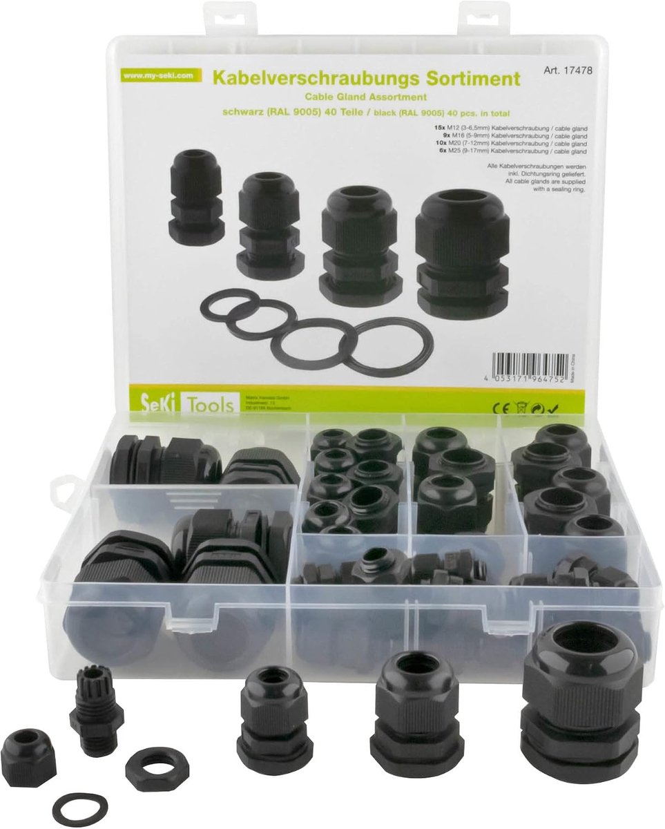 Kabelschroefverbinding assortiment 40-delig - M12, M16, M25 - zwart kunststof - IP68 waterdicht - ShopVlot