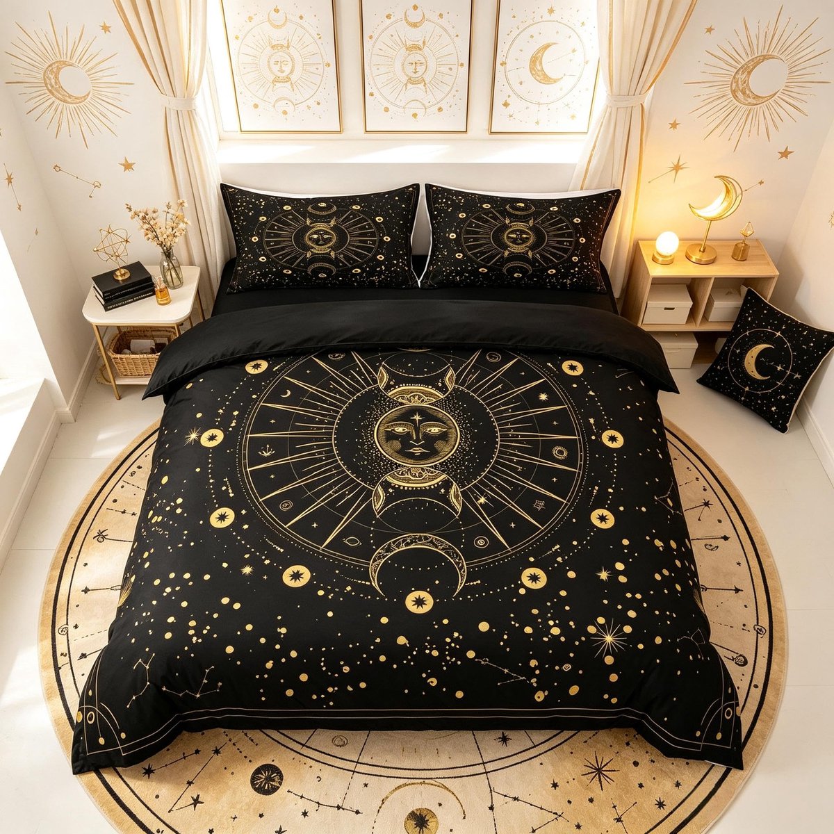 Famanu Boheemse beddengoed set met dekbedovertrek voor king size, maan en sterren design in goudkleurig zwart