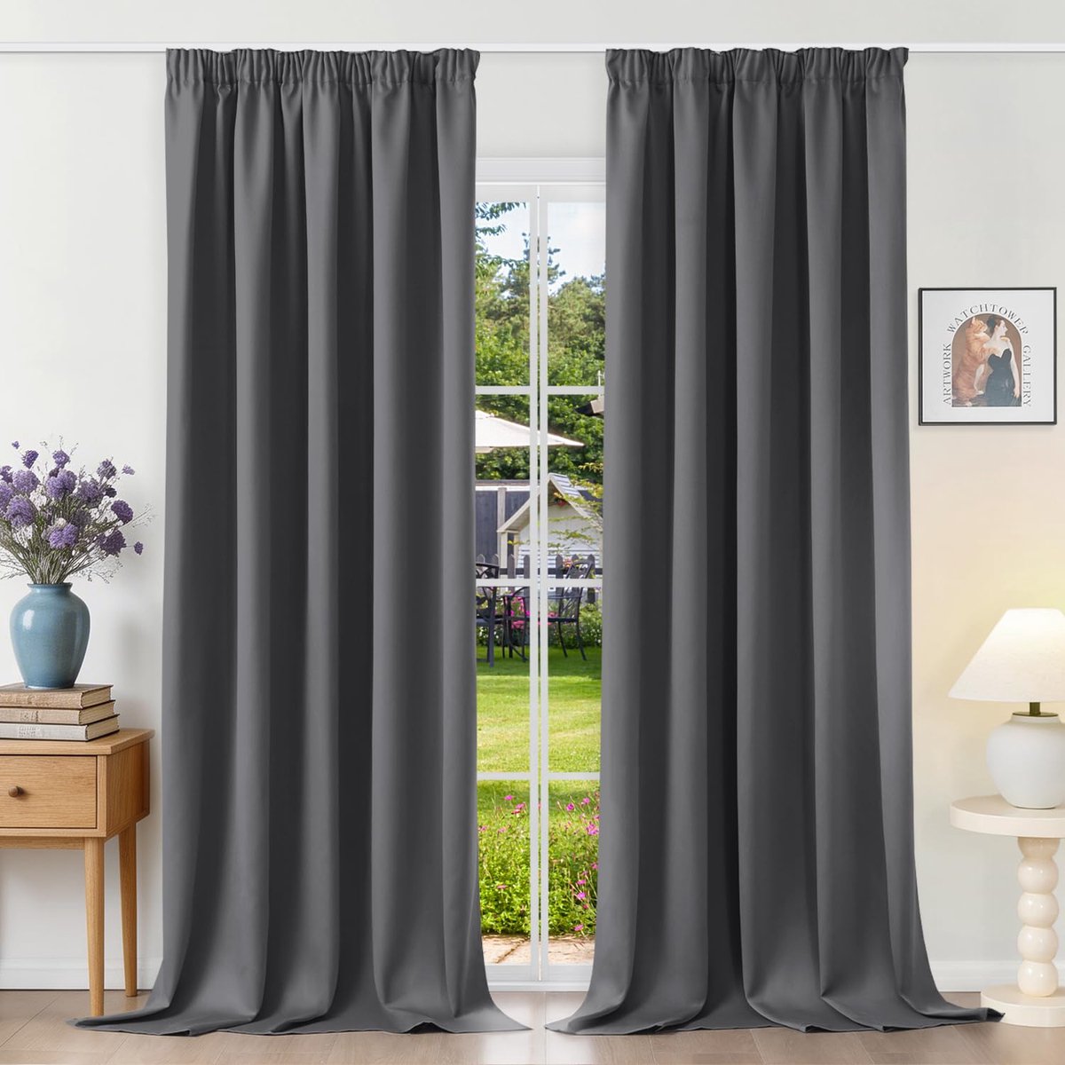 Famanu Thermo verduisteringsgordijn, isolerend, 140 x 245 cm (l x h), met plooiband, ondoorzichtig en uv-bescherming, ideaal voor slaapkamer en woonkamer, donkergrijs, set van 2