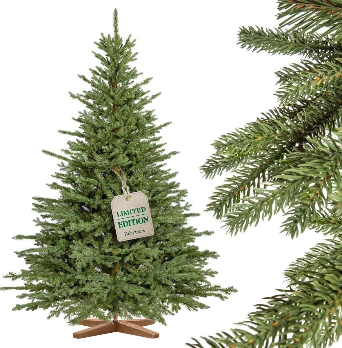 Famanu – Kunstkerstboom Bayerische Tanne, 150 cm, spuitgegoten PE-takken met lichtere uiteinden, handgemaakte essenhouten standaard