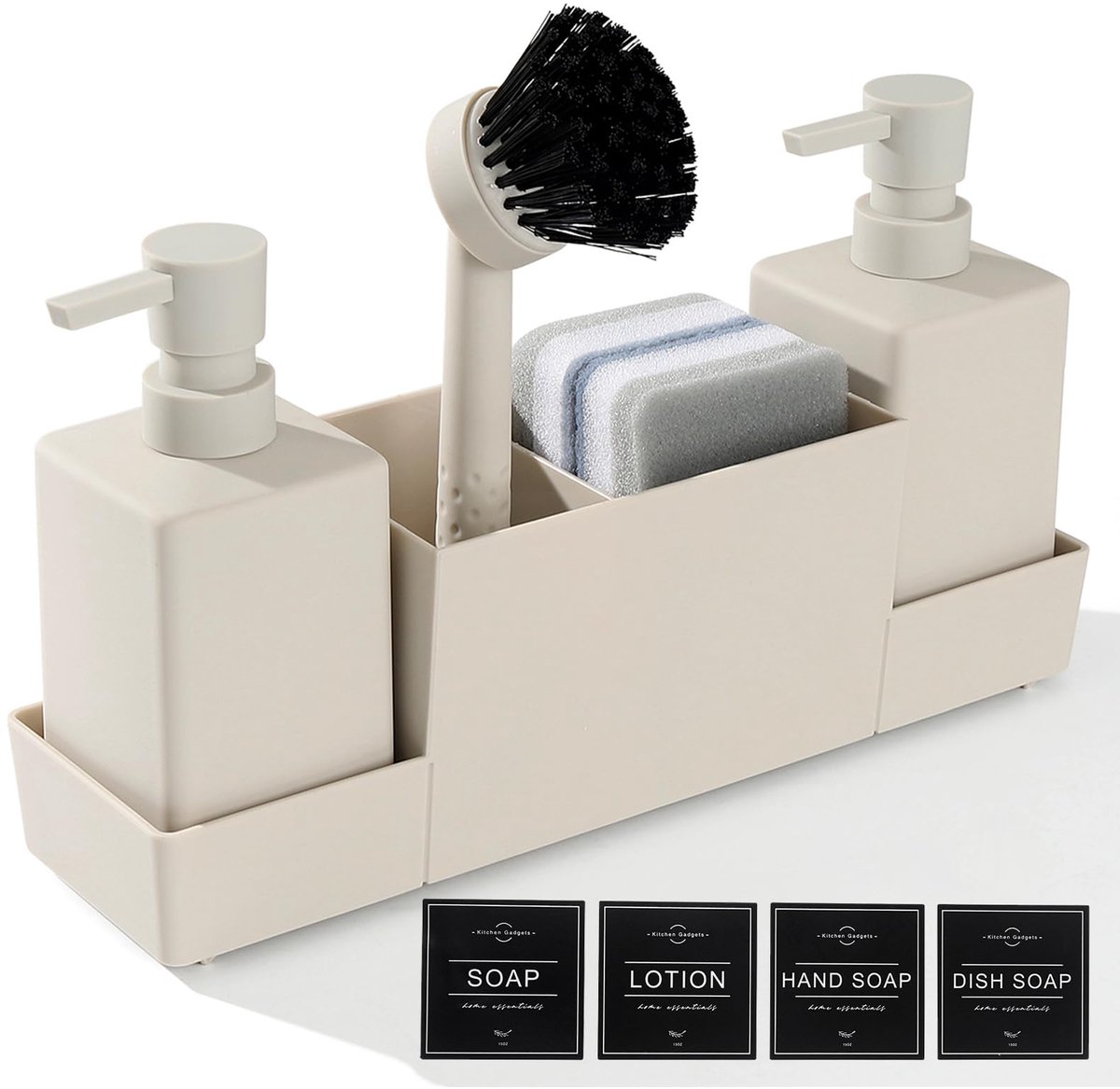 Famanu – Beige keuken zeepdispenser set met spons en borstel, 4 in 1 afwasmiddel dispenser voor aanrecht en gootsteen
