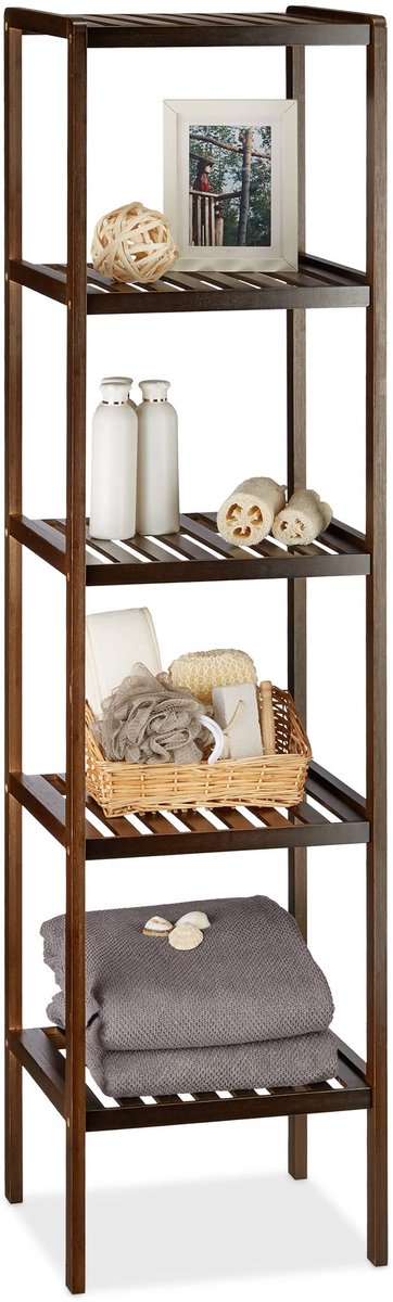 Famanu – Bamboe badkamerrek met 5 etages, houten keukenrek, staand, HxBxD: 139,5 x 34,5 x 33 cm, donkerbruin