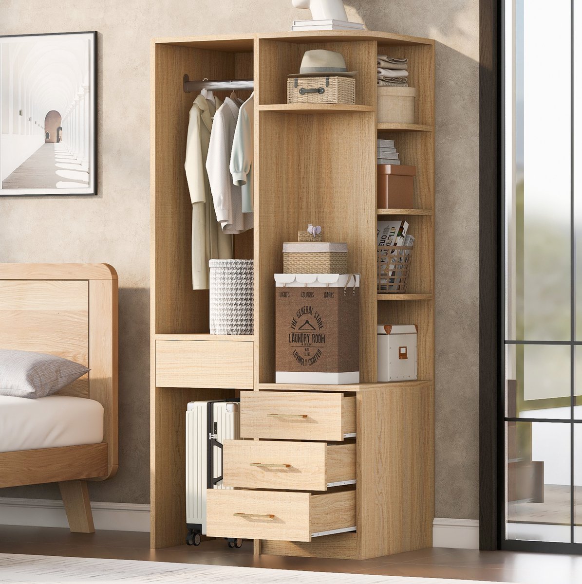MIVRAY Kledingkast - Open Opbergkast Met Hanggedeelte En Lades - Voor Slaapkamer En Kleedruimte - MDF - 70x55x175 Cm - Houtkleur