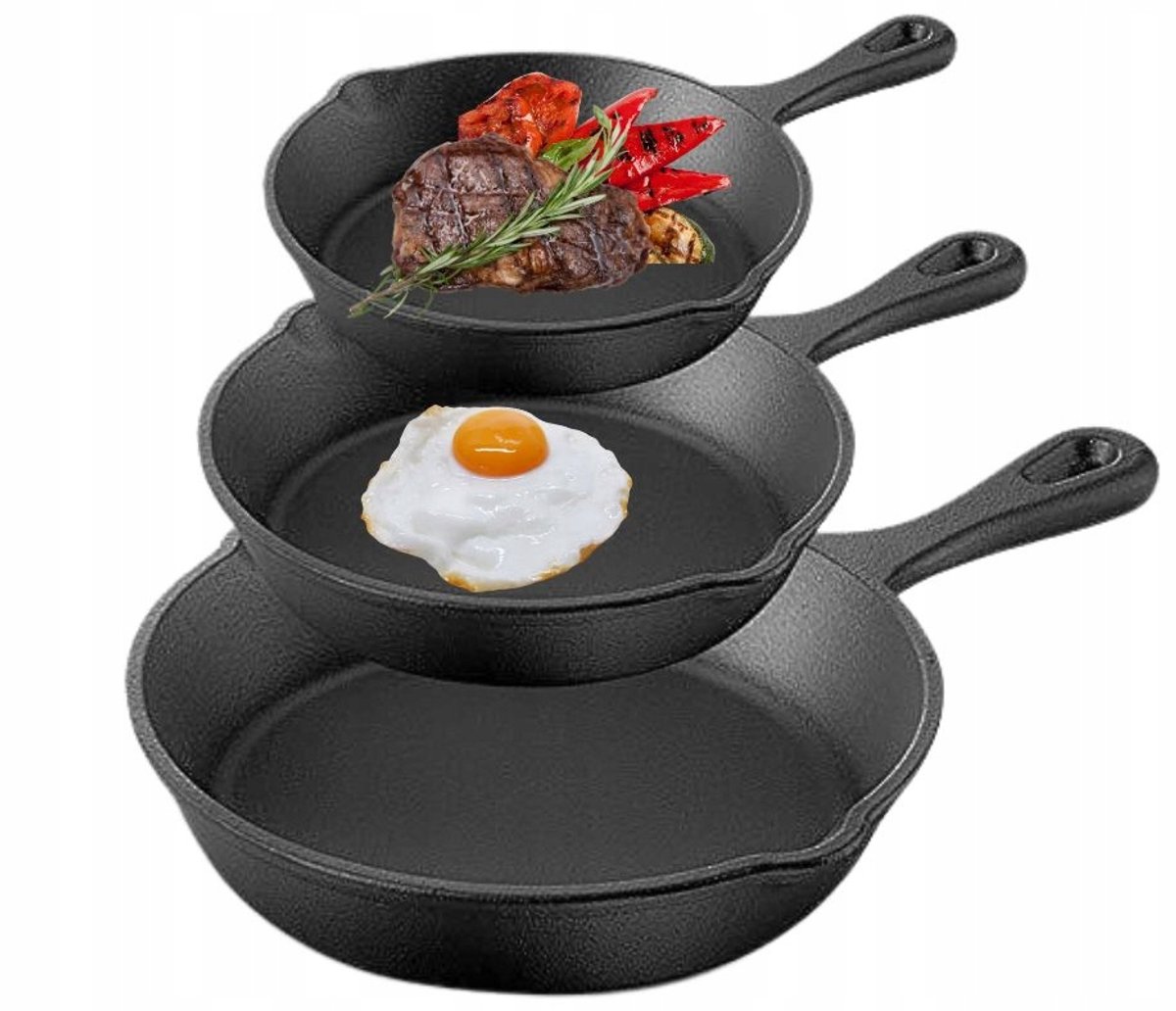 Set van 3 Gietijzeren Koekenpannen - Diep, Inductie & Gas