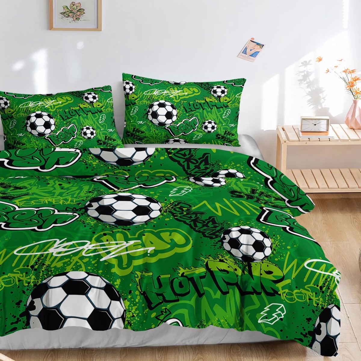HOSIMA Football Bedding Set for Boys Girls Trendy Cool Graffiti Cartoon Football Print Duvet Cover with 2 Pillowcases - ShopVlot