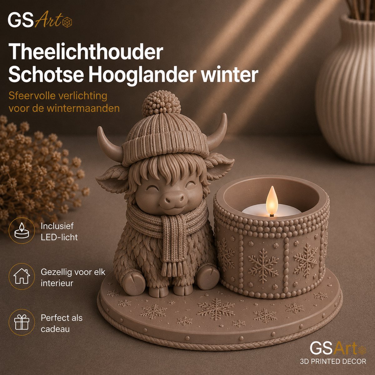 GSArt Theelichthouder Schotse Hooglander Winter – inclusief LED-kaarsje - Mat Lattebruin